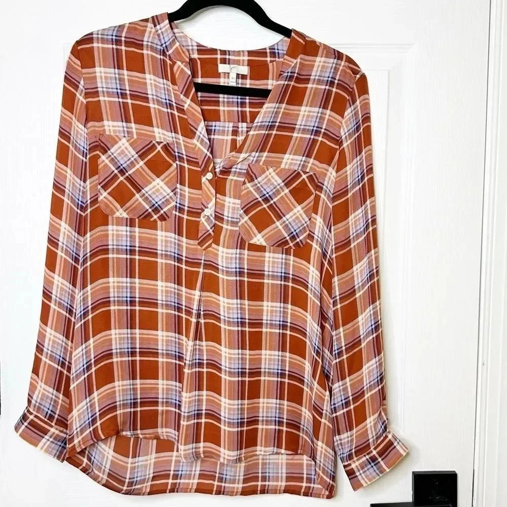 JOIE Nelia Terracotta Rose Plaid 100% Silk Blouse Size XS